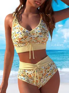 2026 Summer Fashion Yellow/Black Floral Print Two-Piece Swimsuit - Drawstring Ruffled Crop Top with High-Waisted Bikini, Slimming Retro Bohemian Style Swimwear (S-2XL) - Fits All Body Types - SummerVibes