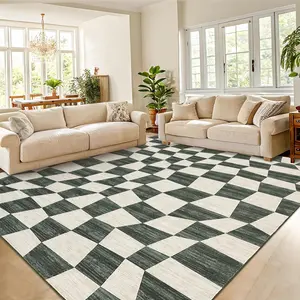 GARVEE Large Washable Rug 10x13 with Non-Slip Backing, Modern Checkered Design, Soft Low Pile, Foldable and Stain Resistant Carpet for Living Room, Bedroom, Dining Room, and Classroom in Green