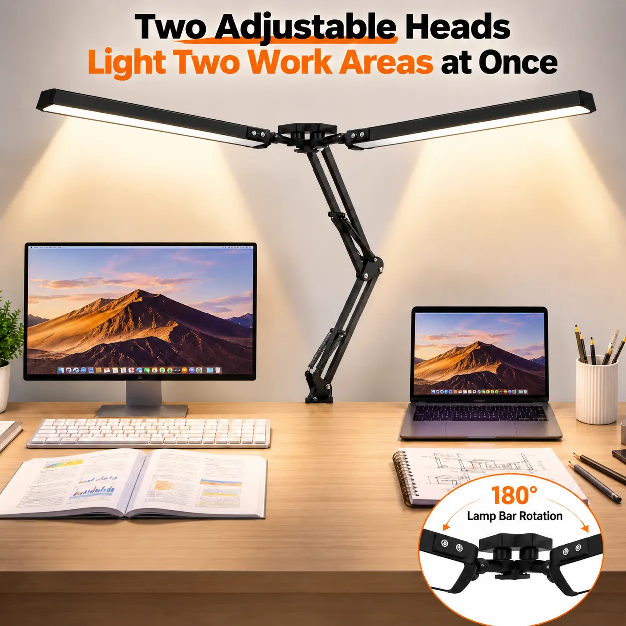 Dual Head LED Desk Lamp – Clamp-On Architect Light, 3 Color Modes & 10 Brightness, USB Powered, for Home Office Study Drawing Workbench