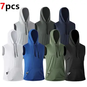 Multi-pack men's sleeveless hooded vest for summer basketball, running, and training. Loose, lightweight, quick-drying, breathable, solid color short-sleeve T-shirt and hoodie.