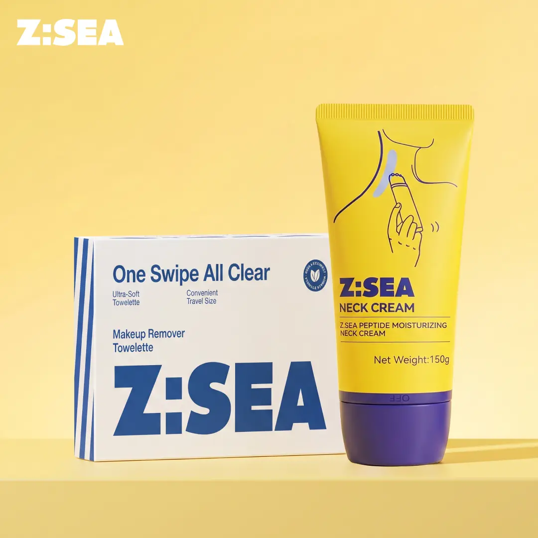 Z:SEA Skincare Duo - Hypoallergenic Fragrance-Free Makeup Remover Wipes (30pcs, Vitamin E) + Peptide Moisturizing Neck Cream (100g) | Plant Squalane, Quick Absorption