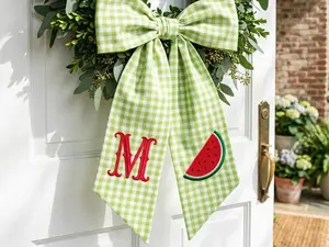 Monogrammed Watermelon Wreath Sash, Personalized Gingham Summer Door Decor, Green Checkered Bow for Wreath, Custom Embroidered Sash