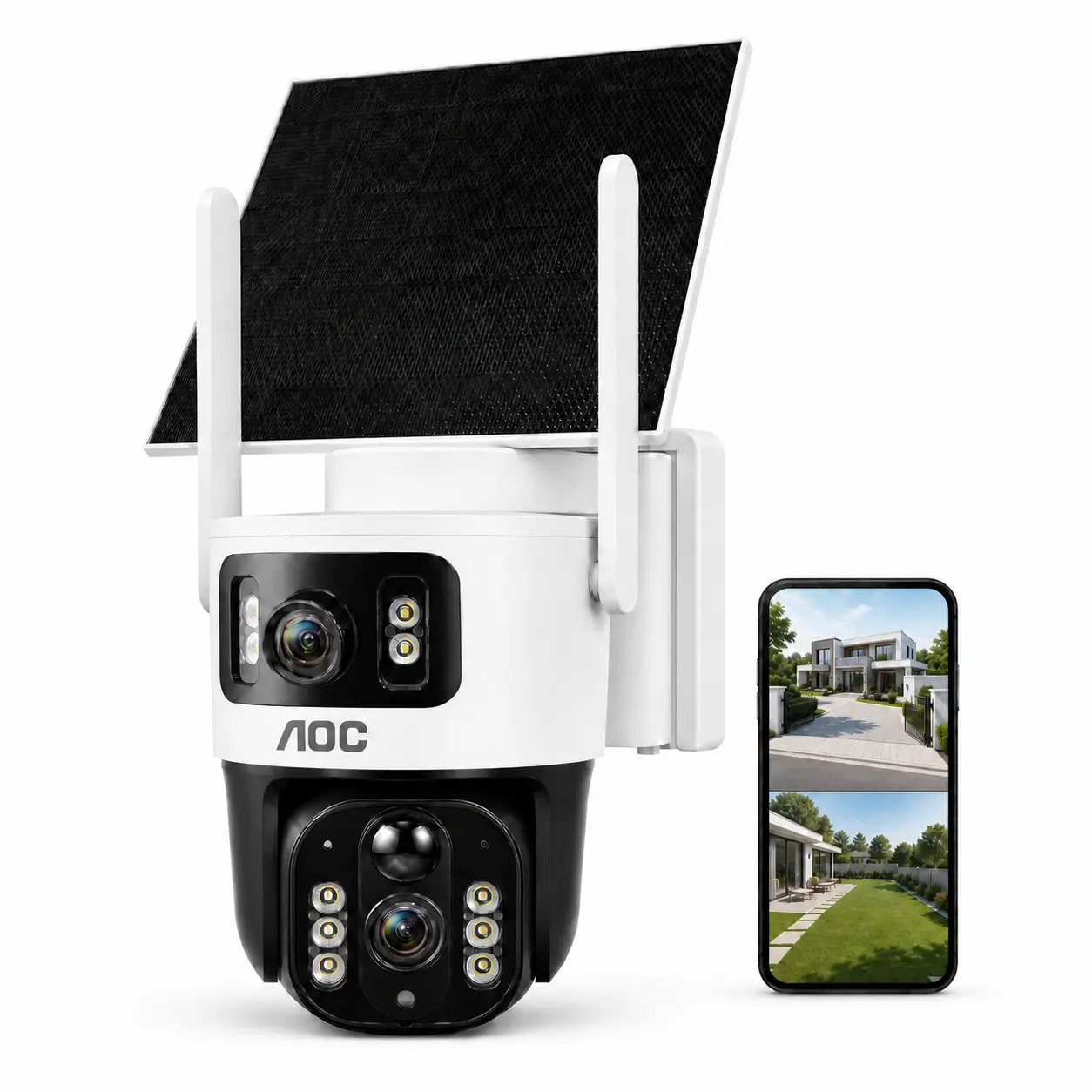 AOC 4G LTE Solar Outdoor Digital Security Camera - Dual-Lens Dual-View, AI Auto Tracking, Color Night Vision, 2-Way Audio, IP65, 10400mAh Charging, No WiFi Needed, Recording Protection Device for Home, 7-Day Free Trial Then 4G Plan Required