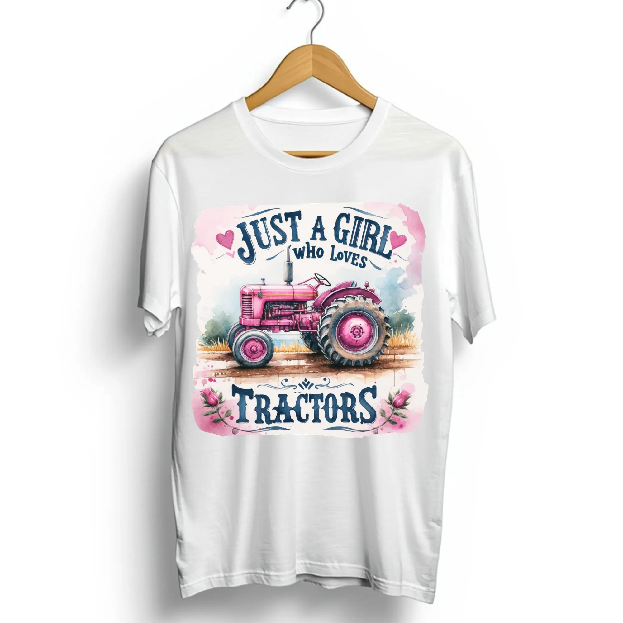 Custom Pink Heart-Themed DTF Print - Ready-to-Press Direct-to-Film Print for Tractor-Loving Girls' T-Shirt DIY Crafts