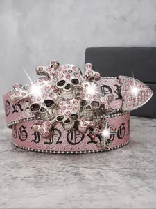 Rhinestone & Skull Decor Letters Pattern Belt, Y2K Punk Style PU Buckle Belt for Women & Men, Fashion Accessories for Party, Daily Clothing Decor, Rhinestones Belt