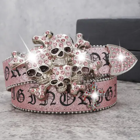 Rhinestone & Skull Decor Letters Pattern Belt, Y2K Punk Style PU Buckle Belt for Women & Men, Fashion Accessories for Party, Daily Clothing Decor, Rhinestones Belt, Rhinestone Decorated Belt, Exquisite Belt, Design Belt, Belt with Buckle, Decorative Belt