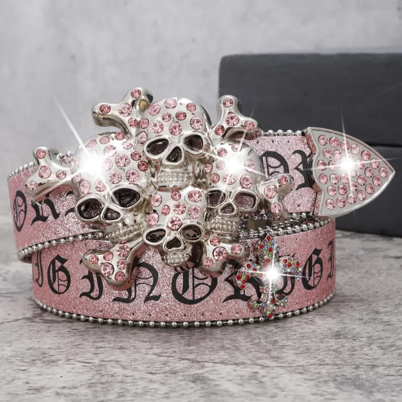 Rhinestone & Skull Decor Letters Pattern Belt, Y2K Punk Style PU Buckle Belt for Women & Men, Fashion Accessories for Party, Daily Clothing Decor, Rhinestones Belt, Rhinestone Decorated Belt, Exquisite Belt, Design Belt, Belt with Buckle, Decorative Belt