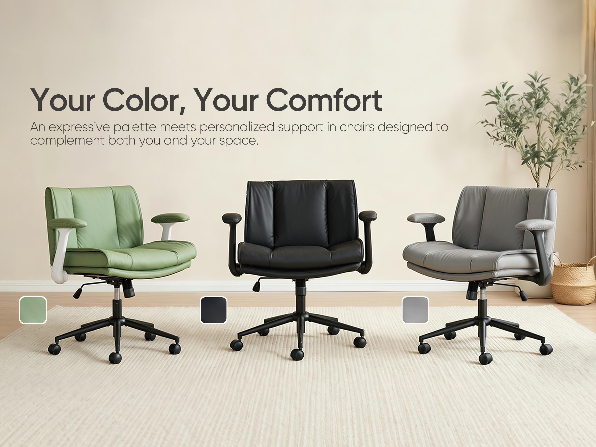 WELAX Criss Cross Office Chair with Flip-Up Armrests, Cross Legged Desk Chair on Wheels, Comfy Ergonomic Swivel Chair with Wide Seat for Home Office, Vanity, Accent, Black Leather