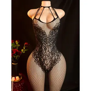 Women's Sexy Lingerie Bodystocking |   Halter Neck Open Crotch Design |   High-Elasticity Nylon & Elastane Blend |   Sleek Black Fishnet Patterned Mesh |   Hollow Out Details |   Stretchy, Non-Transparent |   Hand Washable |   Intimate  going out outfit