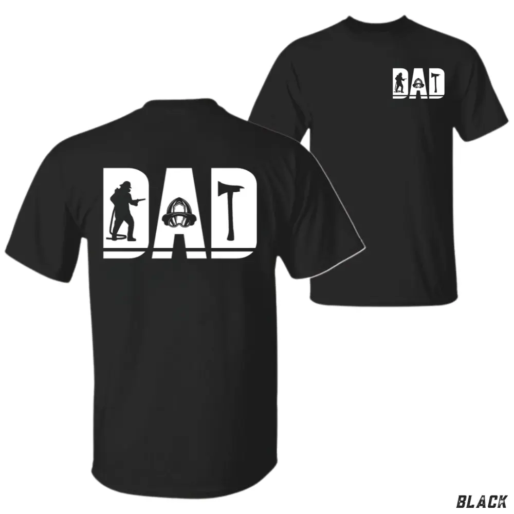 Dad Firefighter T-Shirt, Black Cotton Tee with Firefighter Silhouette, Helmet, and Axe Design, Cool Gift Idea for Dad Who’s a Firefighter or Fire Department Fan father day