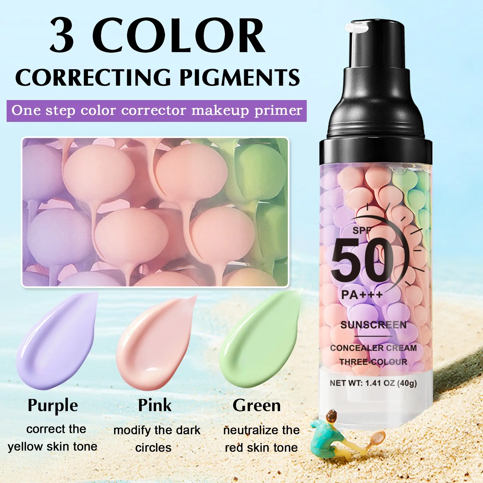 3-In-1 Color-Correcting Primer Color Corrector Makeup Cosmetics Primer SPF 50, Brightening Oil-Control Moisturizer, Long-Lasting Makeup Base Cream for Flawless Skin Tone