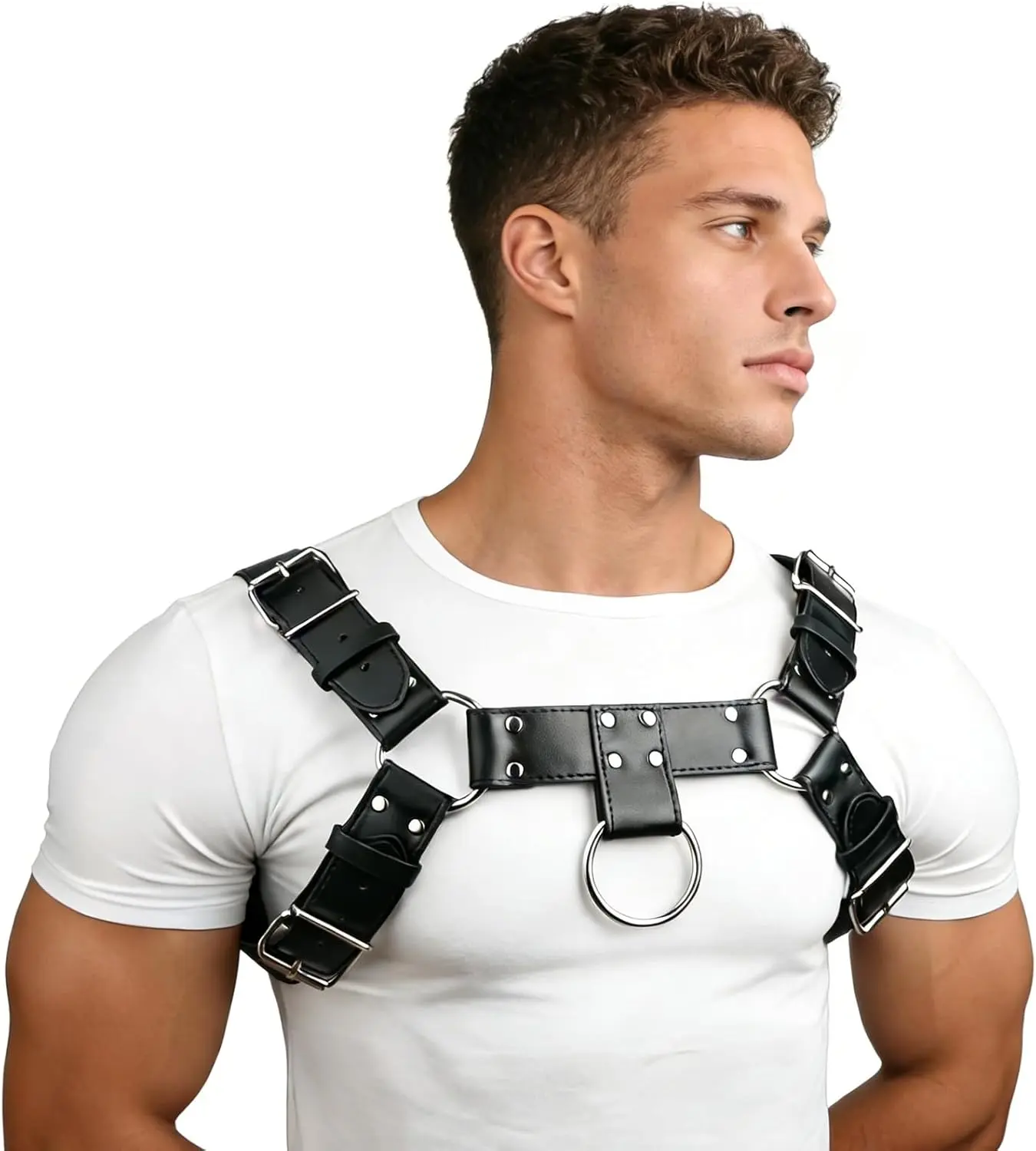 Mens PU Leather Chest Harness Costume Cosplay Top, Adjustable Body Harness Shoulder Straps Male Punk Fashion Steatement Rave Outfit for Music Festival Party Halloween Cosplay D88 (Black)Gift.