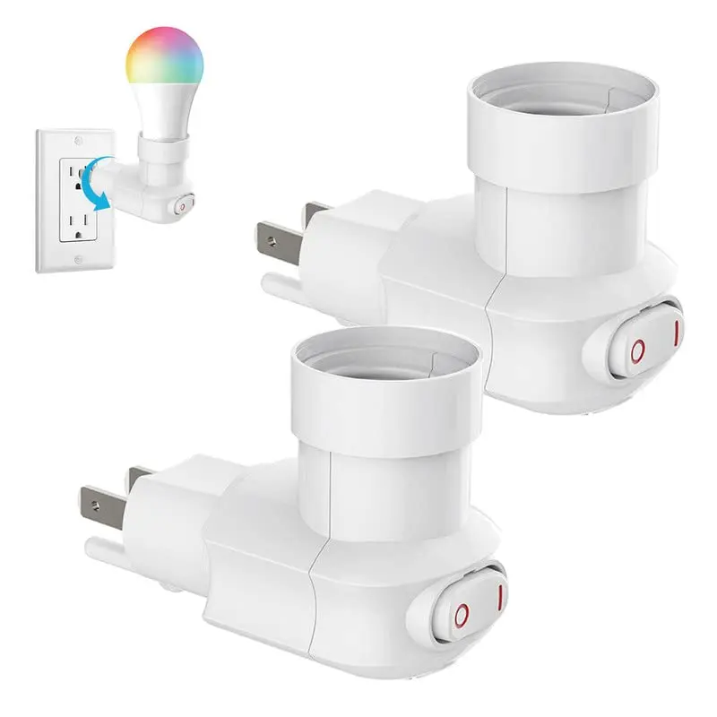 2 Pcs US Standard 3-Prong Wall Socket Extender Plug-In Connectors, E26-E27 Screw Base, 360° Rotatable with On/Off Switch, V0 Grade PBT Flame Retardant, 60W Max Load, Indoor Use for LED Light Bulbs & Light Bulb Cameras