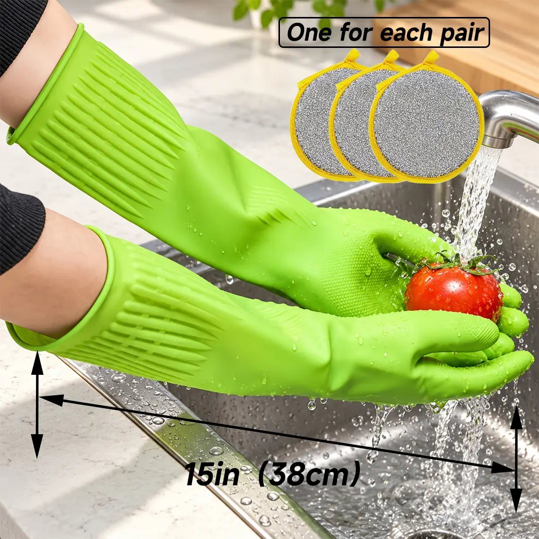 Reusable Waterproof Rubber Cleaning Gloves, 1/2/4 Pairs Long Comfortable Gloves for Kitchen & Bath Dishwashing