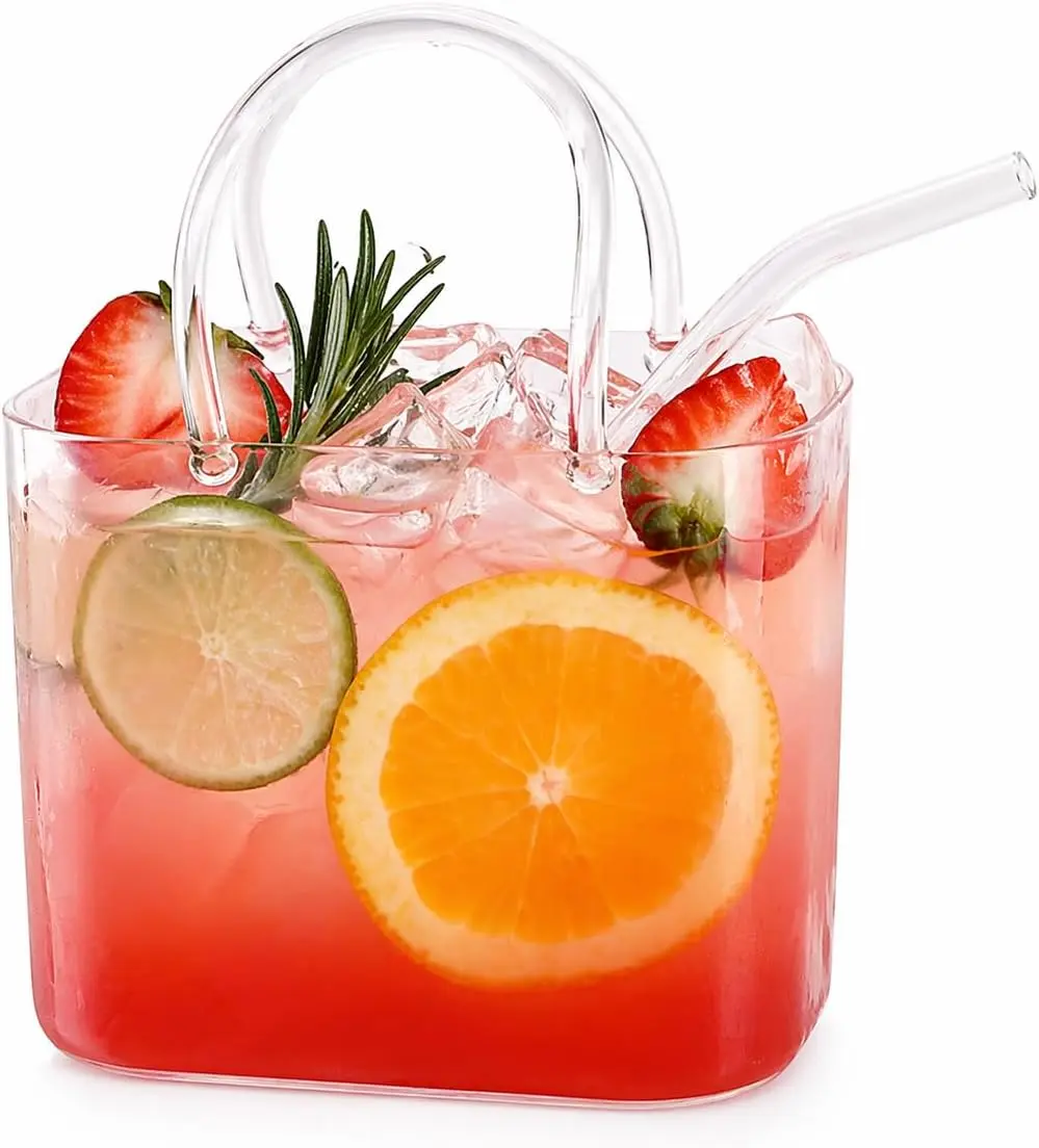 Glass Purse Cup with Straw Cute Handbag Shaped Drinking Glass 26oz Bag Cup1 Drinkware Stylish Reusable Mug