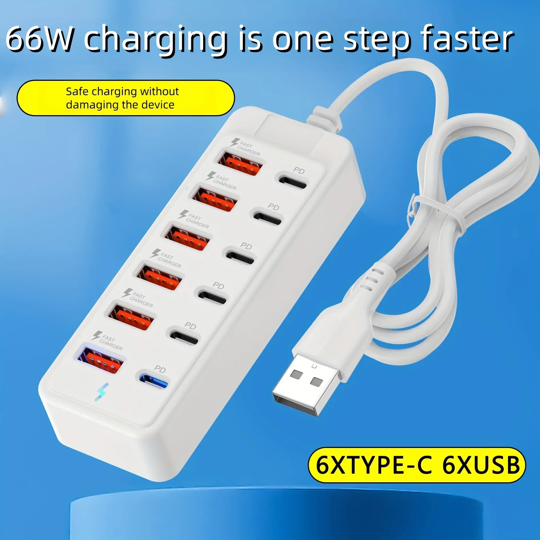 66w Fast Charger Multiport Adapter with 12 High Speed USB Ports (6 USB-A + 6 Type-C), Multi-Device Charging & Data Transfer, Ideal for Tablets Laptops Smartphones