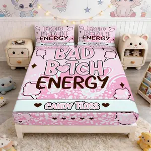 Bad Bitch Energy Pink Marshmallow Style Fitted Sheet 3 Pcs Set, Soft And Comfortable Fitted Sheet, for Daily Use in Bedroom / Guest Room