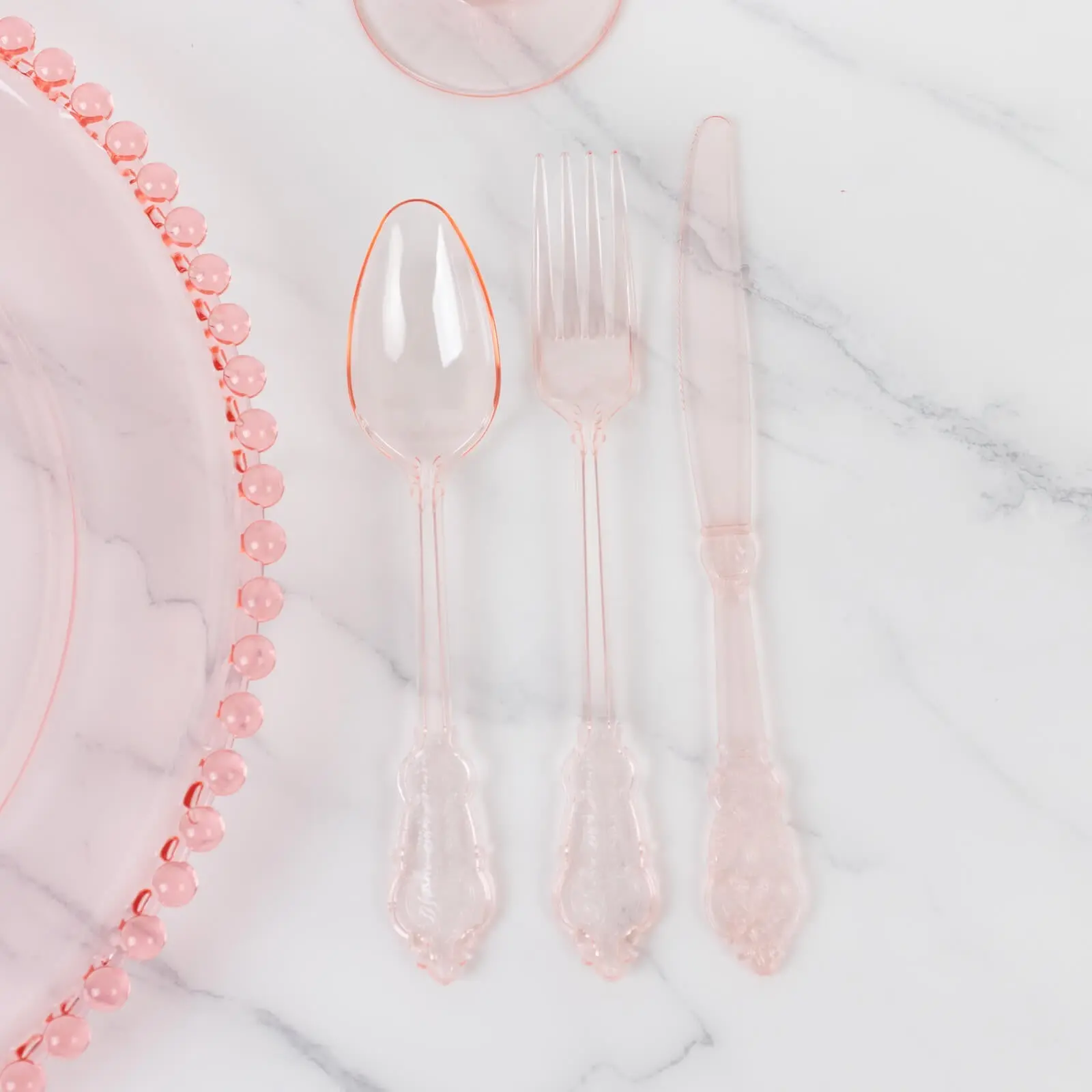 72-Pcs Baroque Look Transparent Blush Pink Heavy-Duty Plastic Disposable Cutlery Set - Knife, Fork, Spoon Tableware for Dishware, Dinnerware Use