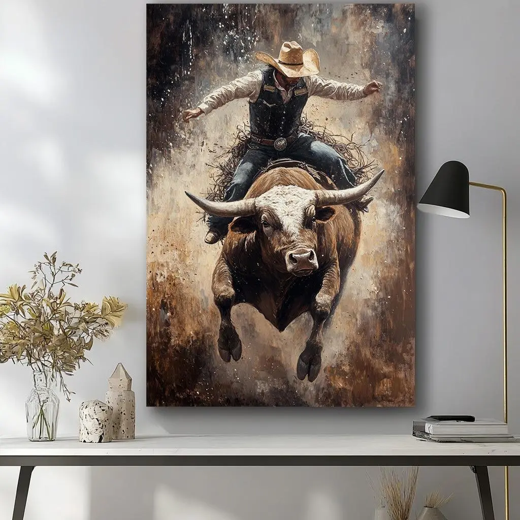 Vintage Cowboy Bull Riding Canvas Wall Art, Western Rodeo Oil Painting Print, Country Farmhouse Room Decor Unframed Canvas Poster or Framed Canvas Wrap