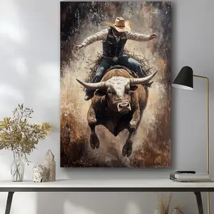 1piece, Cowboy Riding a Powerful Brown and White Bull, Gift, High-Definition Printing, Home Decoration, Canvas Painting, Mural for Living Room and Bedroom Decoration, Holiday Gift, Decorative Painting, Christmas [no frame/frame]