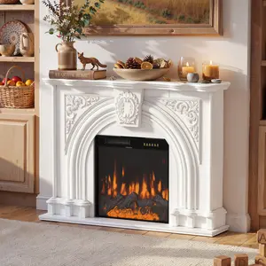 FUFU&GAGA Baroque Fireplace Mantel with Fireplace, Freestanding Fireplace Surround with Leg for Electric Fireplaces