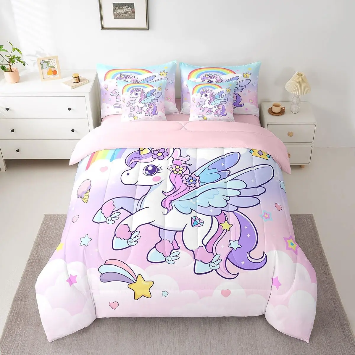 Feelyou 7-Piece Unicorn Bedding Set - Animal-Inspired Unicorn Theme Design with Glitter Accents, Cute Comforter, Sheets, Pillowcases, Multi-Size Options for Boys (7 pieces), Seven Pieces