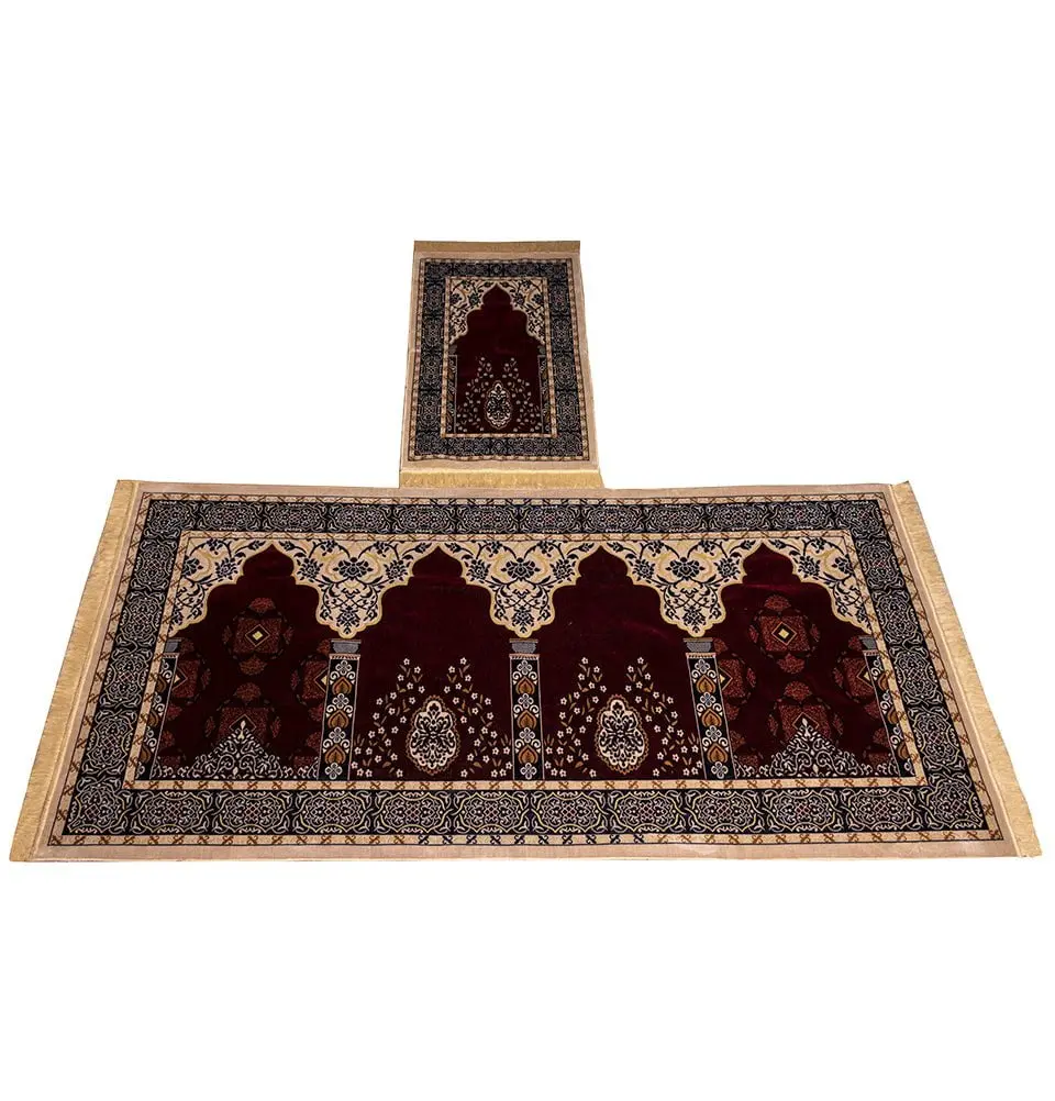Wide 5 Person Velvet Islamic Prayer Rug With Imam Spot - Red & Beige