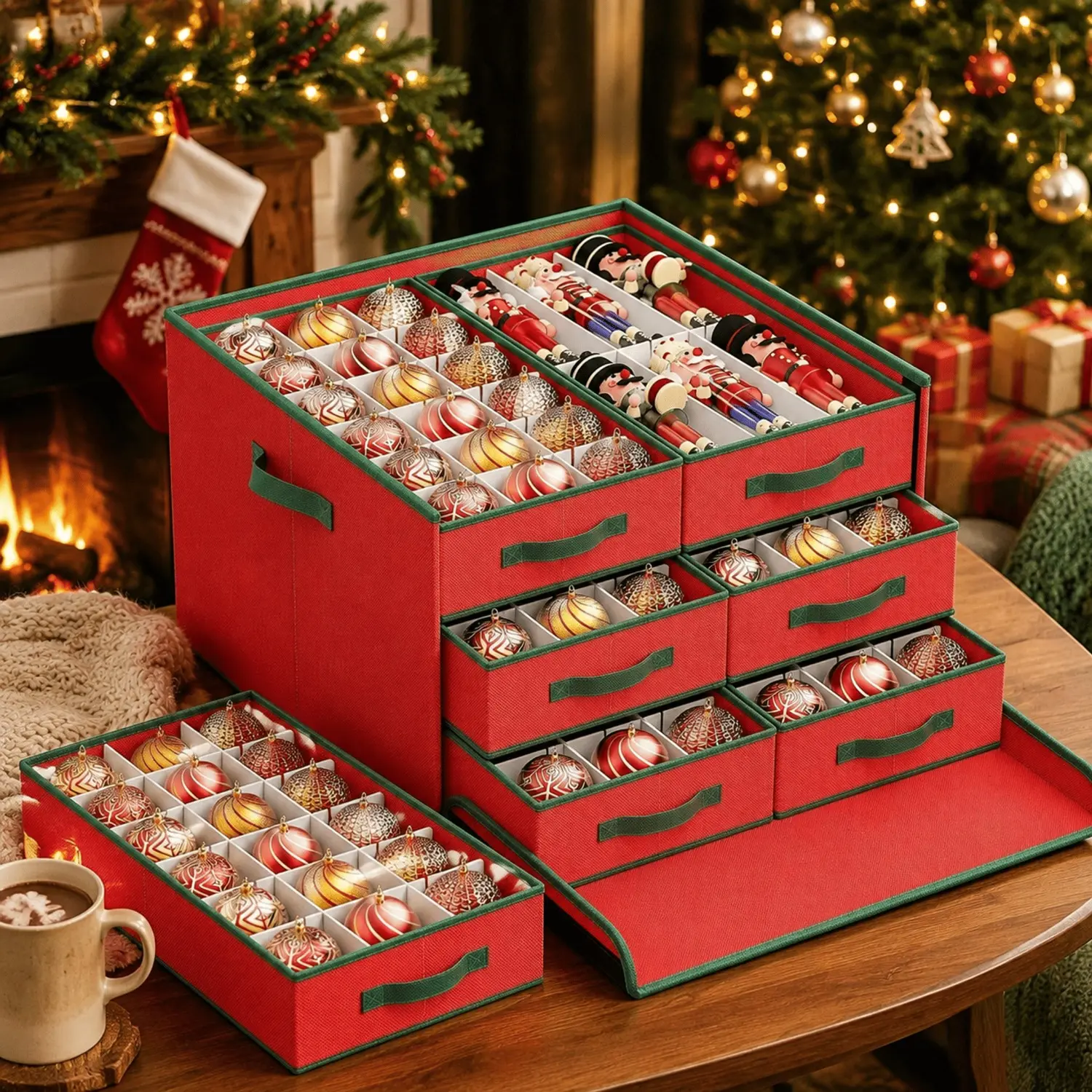 Littleox Durable Dustproof Adjustable Christmas Ornament Storage Box - Holds 108 4-in Christmas Decor Baubles, 6 Removable Trays, Extra Space for 16-in Nutcrackers/Tall Figurines, Red/Green Garage Organizer, 16 Inch Nutcrackers, 4 Inch Xmas Baubles