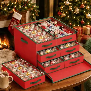 Littleox  Adjustable Christmas Ornament Storage Box, Holds 108pcs 4 Inch Xmas Baubles with Extra Space for 16” Nutcrackers & Tall Figurines, 6 Removable Separate Trays Holiday Organizer Container, Red/Green