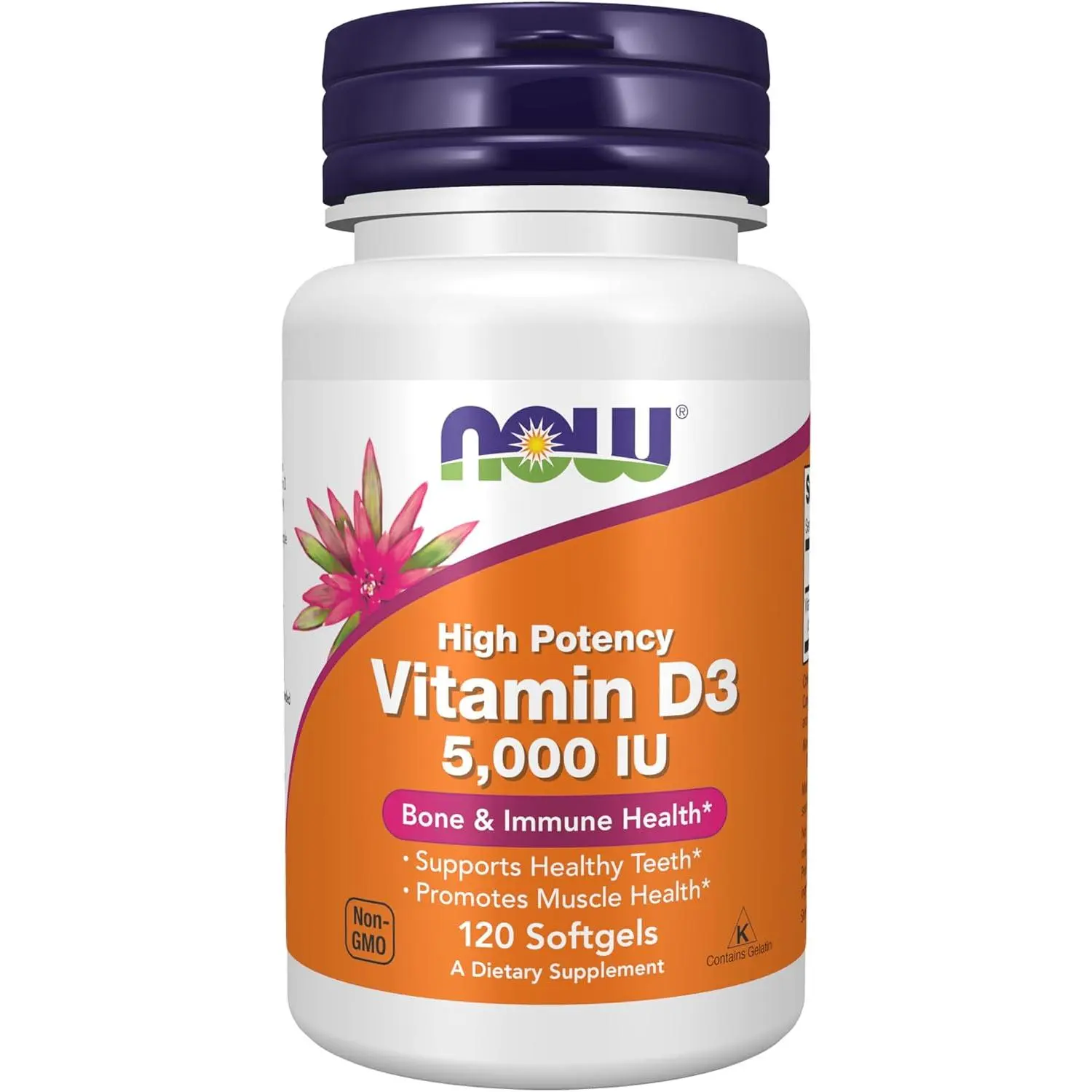NOW Foods Vitamin D-3 5000 IU High-Potency Supplements - Halal Kosher, Dairy Free, Easily Absorbed, Supports Bone Health & Immunity, 120 Softgel Capsules for Adults