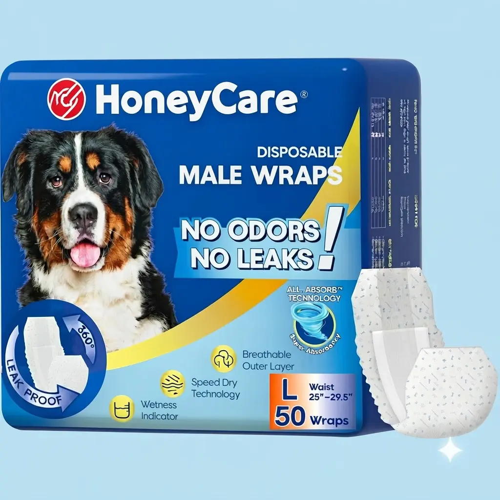 Honey Care All-Absorb Male Dog Wraps Blue Large 32 Ct Super Absorbent Breathable Leakproof Incontinence Dog Diapers