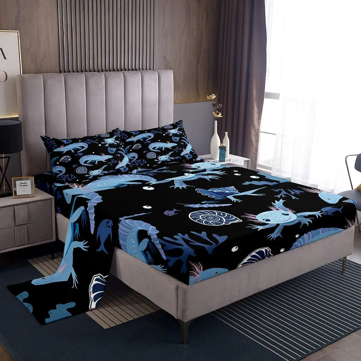 Cartoon Axolotl Bed Sheets Kawaii Axolotl Bedding Set 3D Animals Theme Bedding Sheet Adults Salamander Black Blue Bed Sheet Set Ultra Soft Room Decor Bed Set