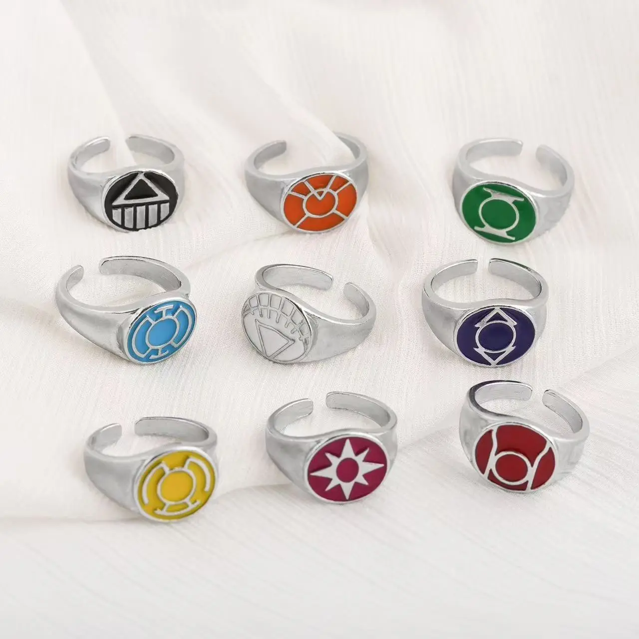 Men's Sci-Fi Movie Inspired Lantern Power Rings Set - 9 Pcs Colorful Cosplay Statement Rings, Costume Jewelry with Gift Box