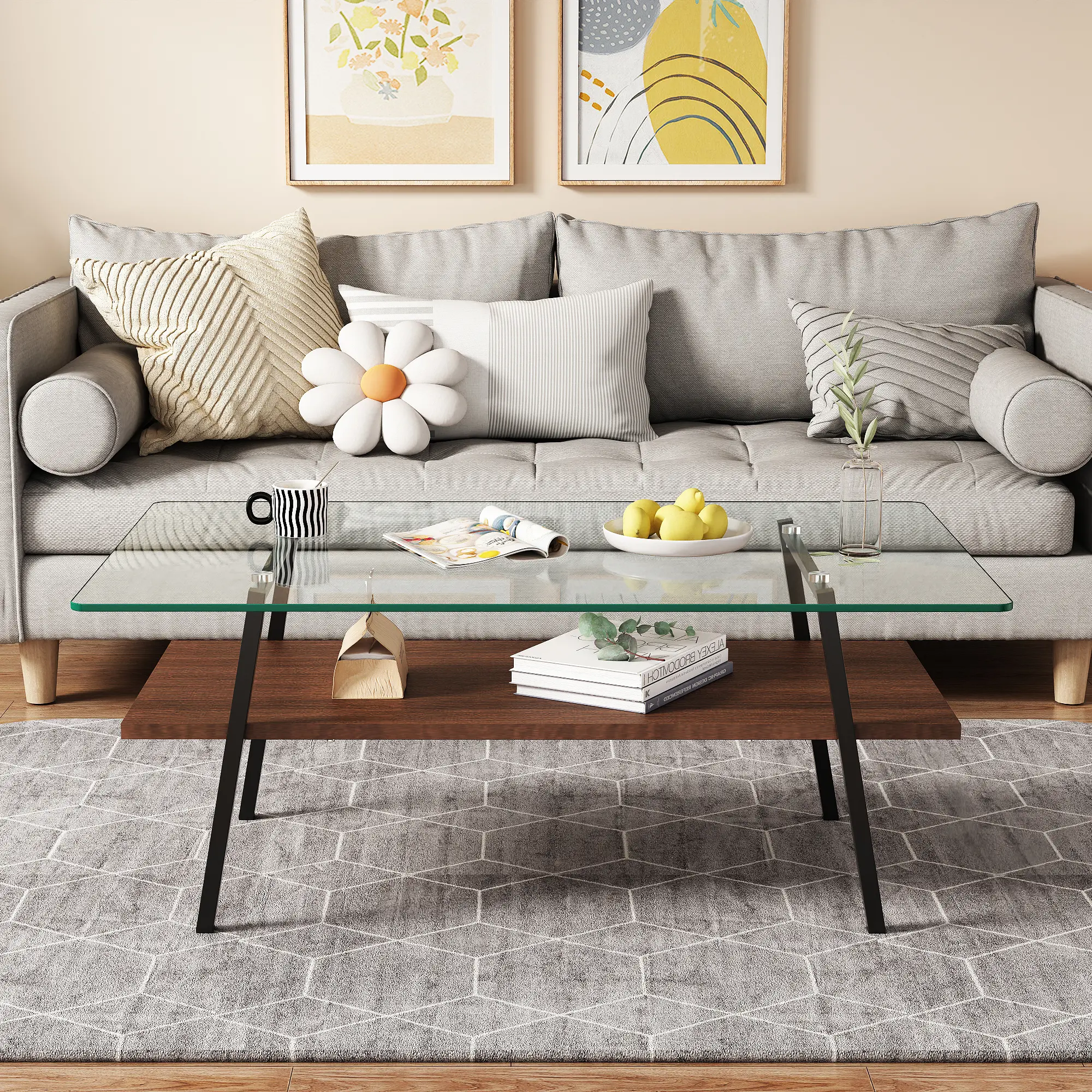 Modern Rectangle Tempered Glass Coffee Table with Black Metal Legs for Living Room