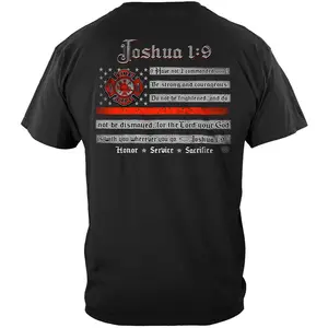 Firefighter Christian T-Shirt Joshua 1:9, Bible Verse Faith Graphic Tee, Fire Dept Cross Flag Design, Courage Strength Honor Service Sacrifice Shirt
