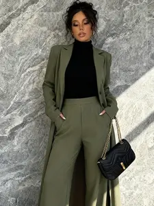 Two piece women's casual Elegant Chic long suit jacket and pants set, suitable for autumn and winter, suitable for home, indoor, and outdoor wear