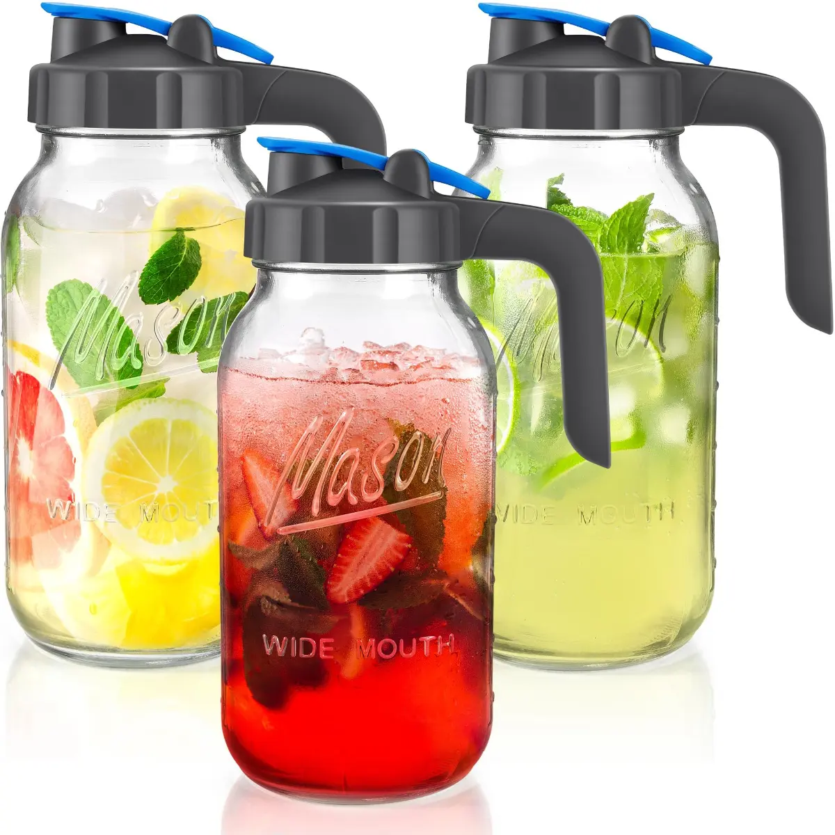 3 Pack 64oz Glass Mason Jar Pitchers with Lids, Sun Tea Pitchers for Outside, Ice Tea Pitcher for Fridge, 2 Quart Pitcher for Cold Brew, Breast Milk, Lemonade, Coffee, Flavored Water, Airtight Lids Drinkware Jugs Set Handles Plastic Tin