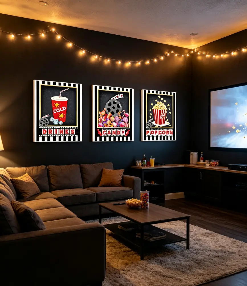 3-Piece Decorative Movie-Themed Wooden Frame Canvas Wall Art Set Pack, Cinema Drinks-Candy-Popcorn Pattern Artwork, Home Wall Decor for Living Room, Office