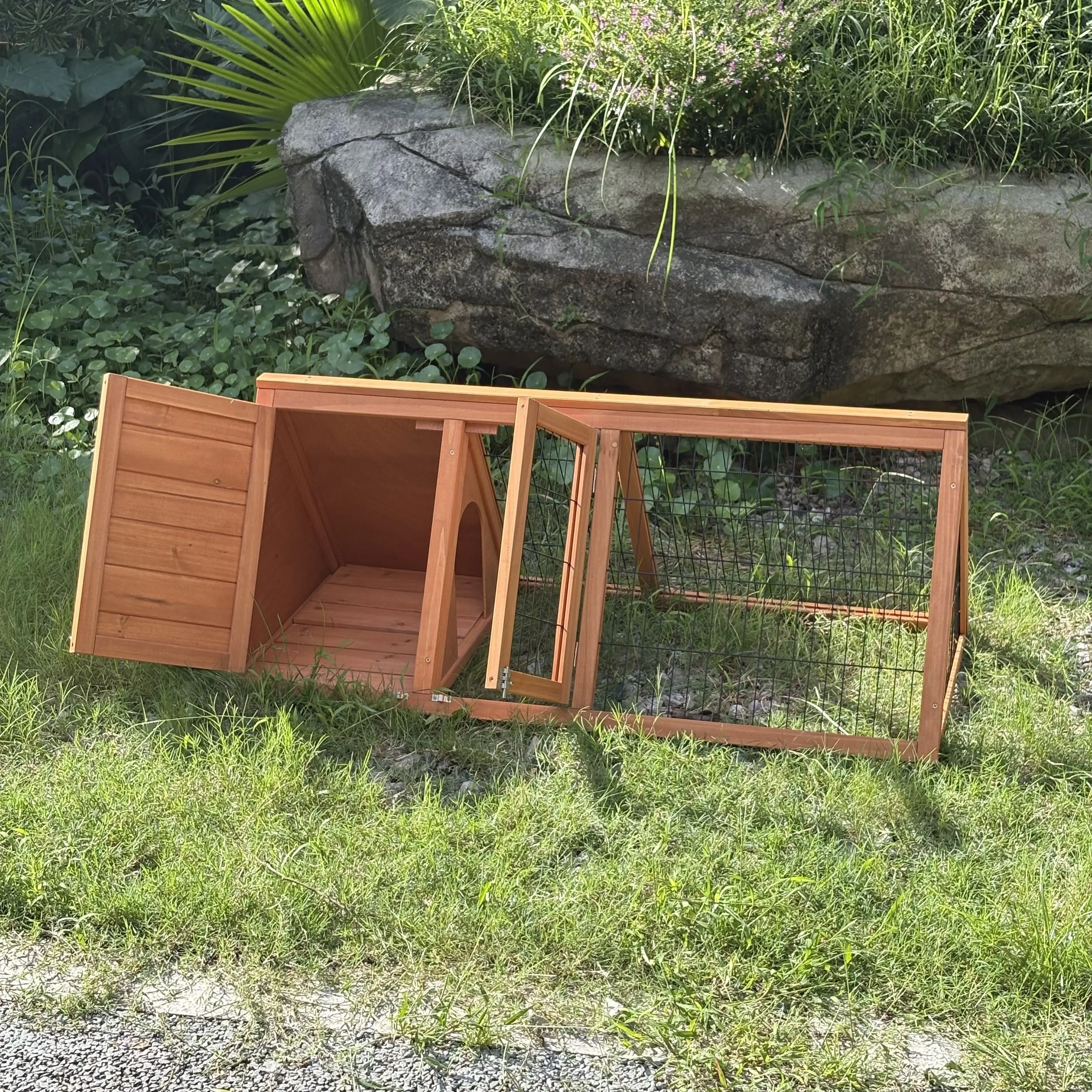 Small A-Frame Quail Cage with Weatherproof Nest Box & Wire Mesh Run, Orange
