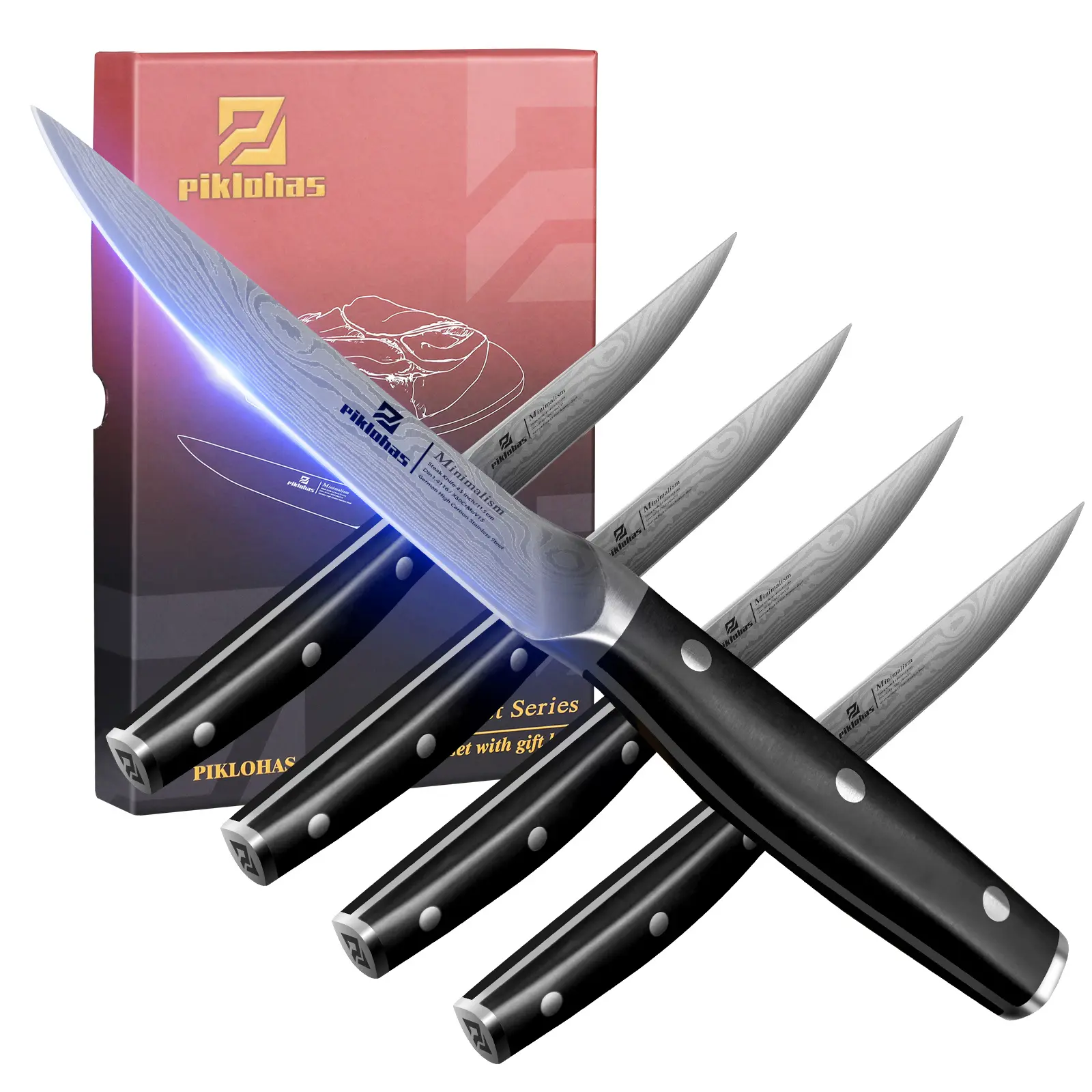 PIKLOHAS 4-Piece Forged German Steel Cutting Steak Knives Set, 4.5in Non-Serrated Straight Edge Damascus Pattern Meat Knives with Full Tang Handle, Dishwasher Safe, Ideal Valentine's Day Gift, Utensils