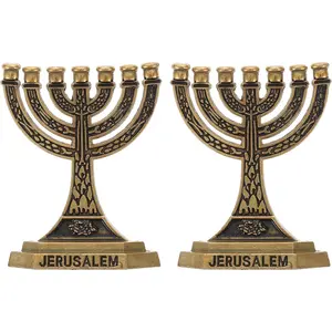 7- Branch Menorah Candle Holder 2pcs Antique Brass Temple Menorah Desktop Ornament Holy Land for Religious Table Centerpiece Decor Golden