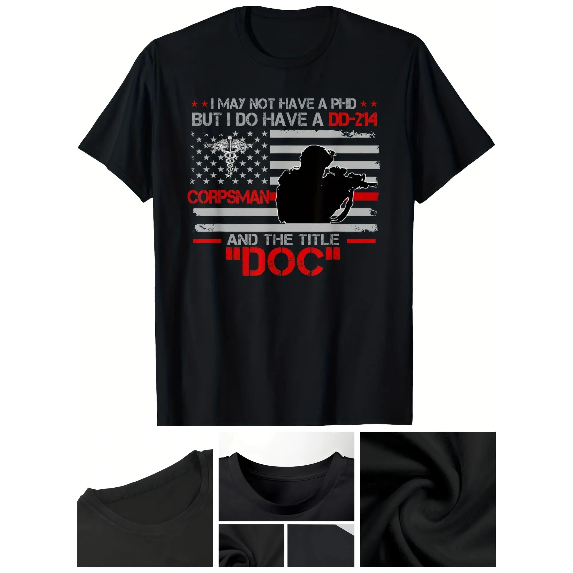 Corpsman 8404 - Title Doc DD-214 - Gift For Corpsman Veteran Printed T-shirt Comfortable, Casual Short Sleeve, Daily Wear, All Season, Black, Men,Made in USA