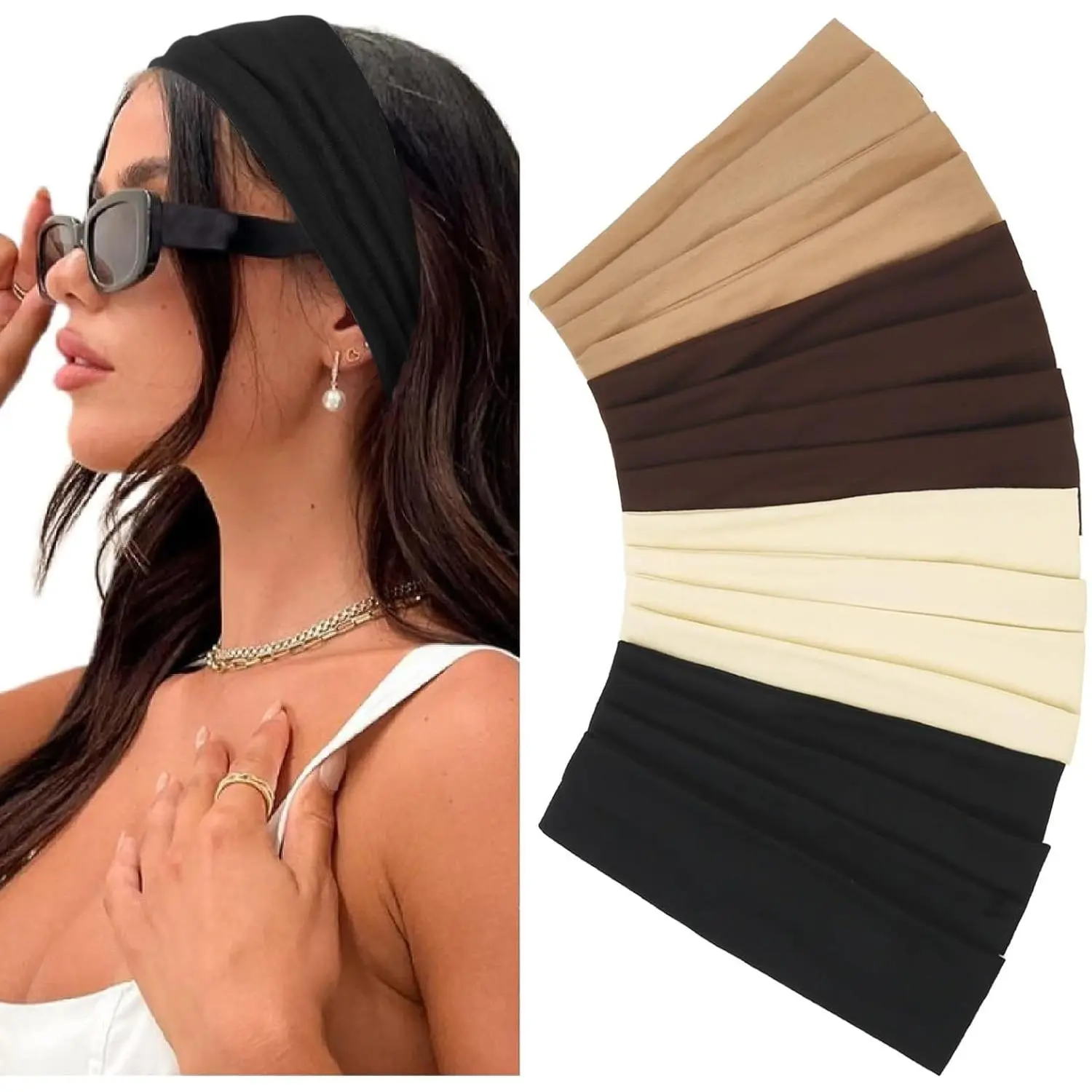 Elastic Non-Slip Soft Cloth Fabric Women's Headbands 16 Pack - Yoga, Running, Sports Hair Accessories in Black, Brown, Beige, Thick