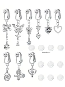 Fashionable Fake Belly Button Piercing Clip on Belly Ring Set, Belly Button Rings, Butterfly & Heart Pendant Belly Ring, Body Jewelry for Women & Girls