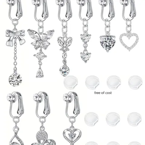 Fashionable Fake Belly Button Piercing Clip on Rhinestone Belly Ring Set, Belly Button Rings, Butterfly & Heart Pendant Belly Ring, Chic Body Jewellery for Women & Girls