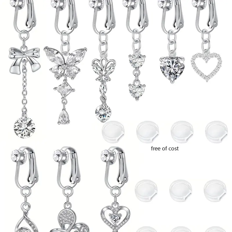 Fashionable Fake Belly Button Piercing Clip on Rhinestone Belly Ring Set, Belly Button Rings, Butterfly & Heart Pendant Belly Ring, Chic Body Jewellery for Women & Girls
