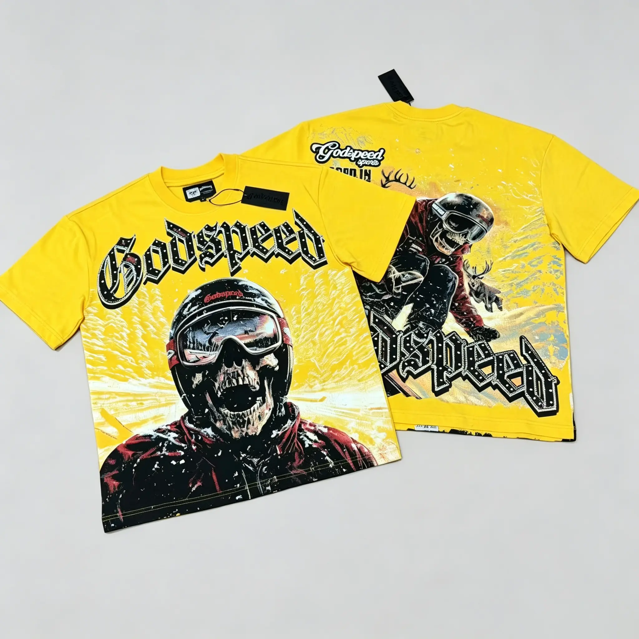 2026 Unisex GODSPEED Vintage Yellow Graphic Tee 240g Heavyweight Cotton Biker Skull Oversized Streetwear T-Shirt