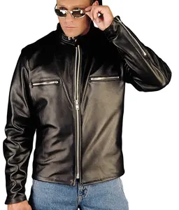 REED Menswear Men's Fashion Black Longsleeves Naked Cow Leather Zipper Biker Jacket, Made in USA