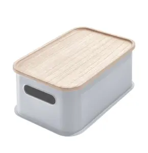 Recycled Plastic 12 Medium Storage Bin with Paulownia Wood Lid, Gray, BPA-Free, Ideal for Home or Office Storage