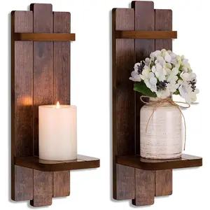Rustic Candle Holder Farmhouse Wall Decor - Brown Candle Sconces Set of Two Wooden Vintage Hanging Wall Decoration for Fireplace Mantel Living Room Bedroom Dining Room